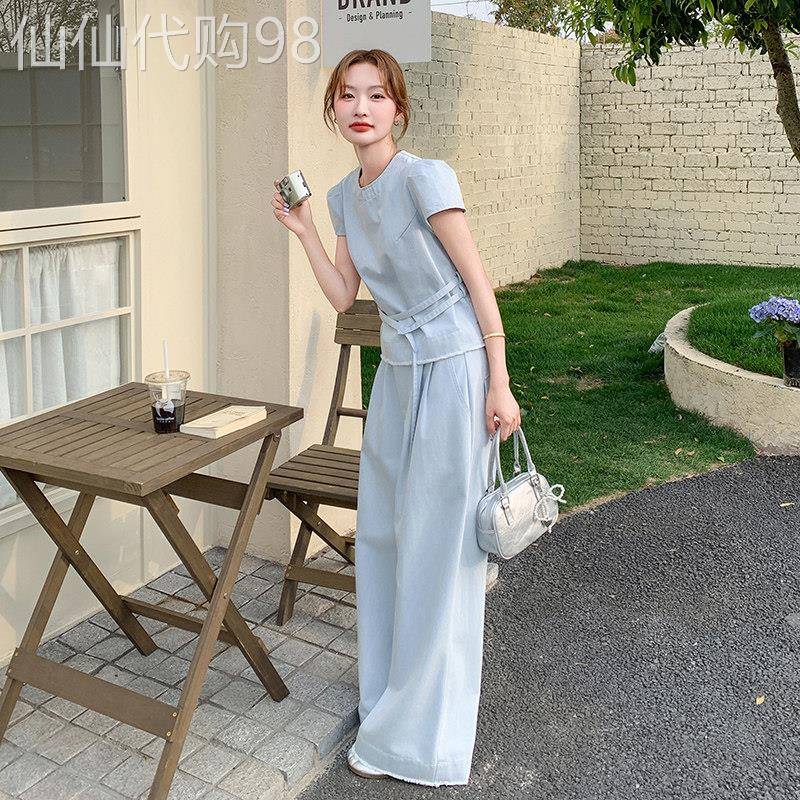 浅蓝色薄牛仔套装女夏季2025新款大方得体穿搭一整套阔腿裤两件套