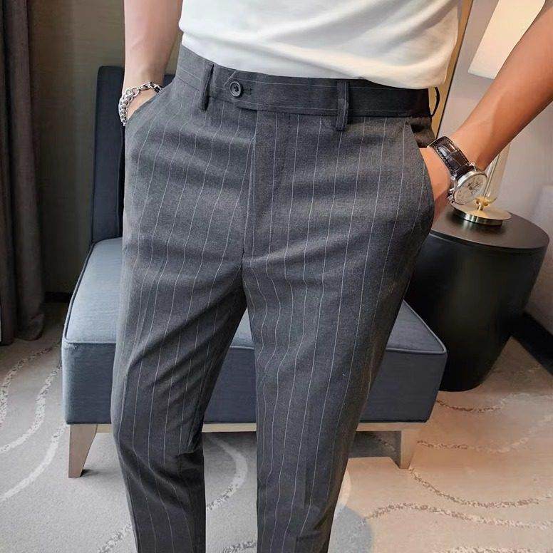 轻奢条纹休闲西裤男秋冬加绒保暖高级感商务正装修身小脚西装长裤