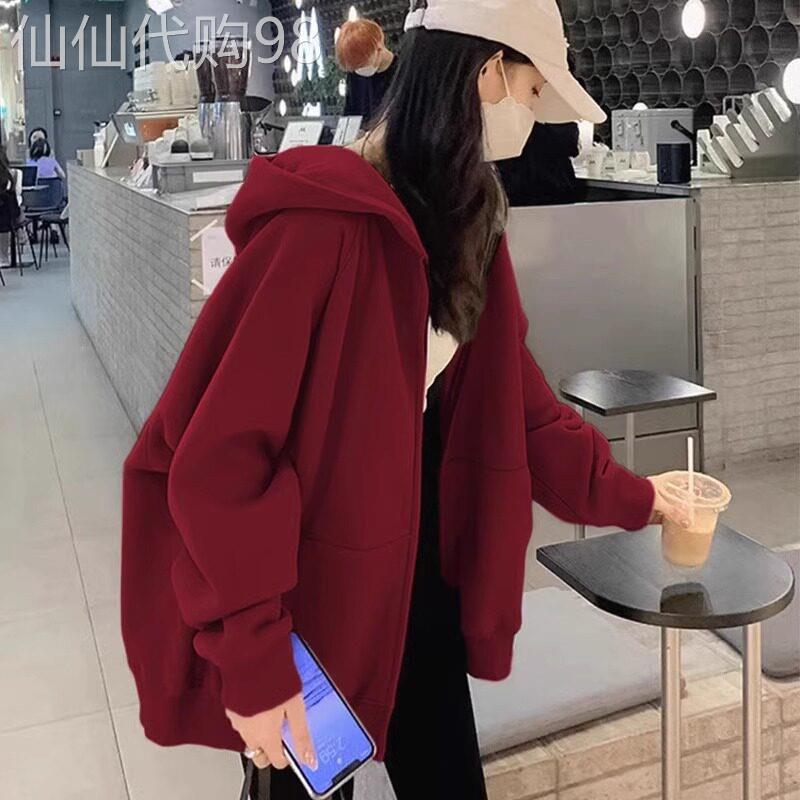 酒红色连帽运动衫外套女2025夏季新款慵懒风大尺码宽松休闲棒球服