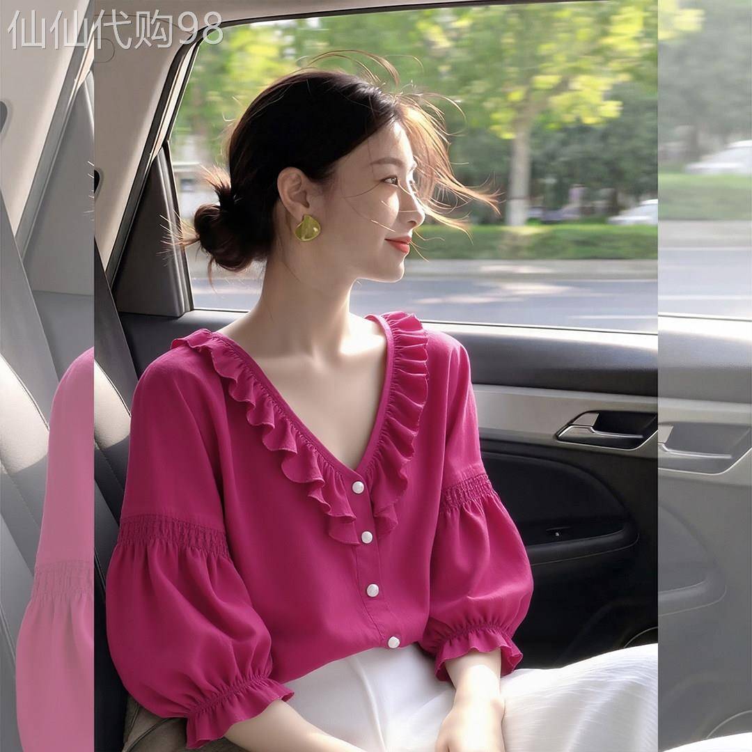 法式气质玫红色荷叶边衬衫女2026夏季新款小个子短款独特漂亮上衣