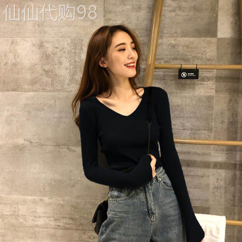 打底衫女春秋内搭洋派2025新款V领长袖修身显瘦黑色毛衣针织上衣