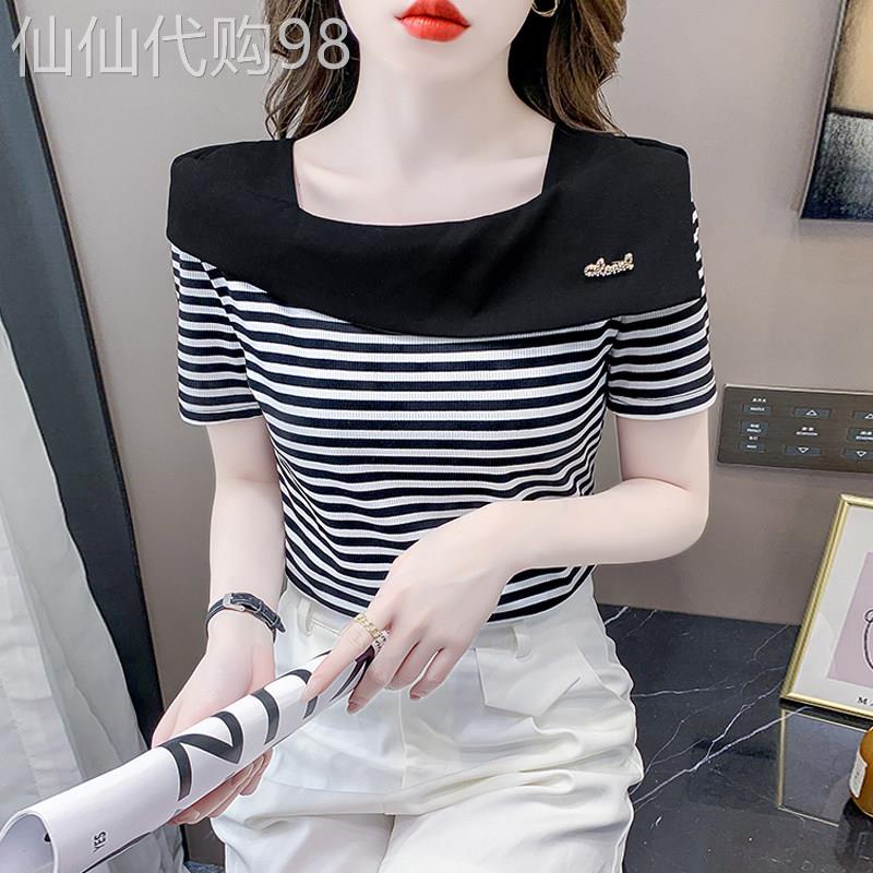 方领纯棉短袖t恤女夏季薄款2025新款时尚洋派修身显瘦条纹上衣女