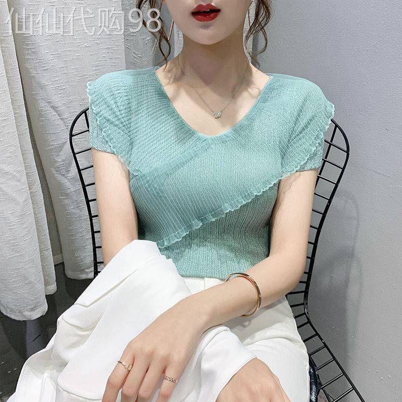冰丝雪纺衫短袖女2026新款夏季短款气质v领修身镂空蕾丝半袖上衣