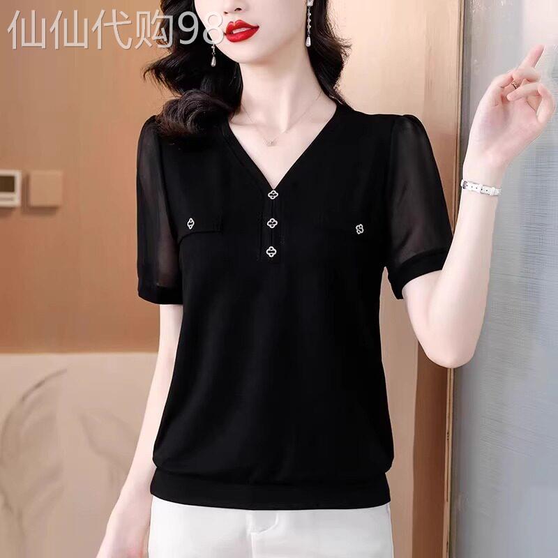黑色雪纺短袖女夏季2026新款休闲减龄小衫洋派显瘦妈妈上衣潮