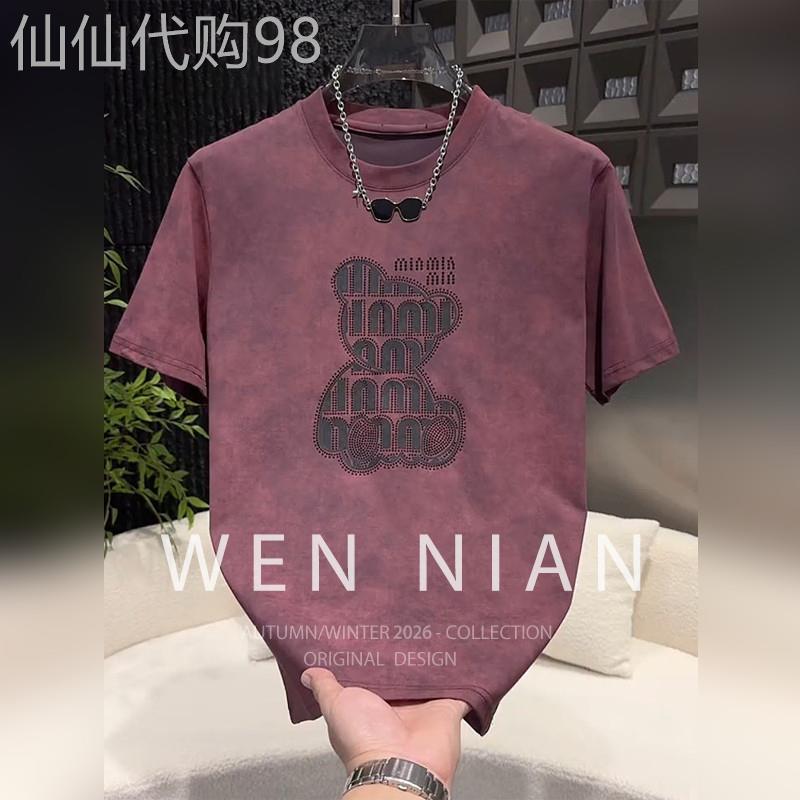 韩国WEN NIAN欧货小熊烫钻短袖T恤男款2026夏季休闲扎染半袖潮牌
