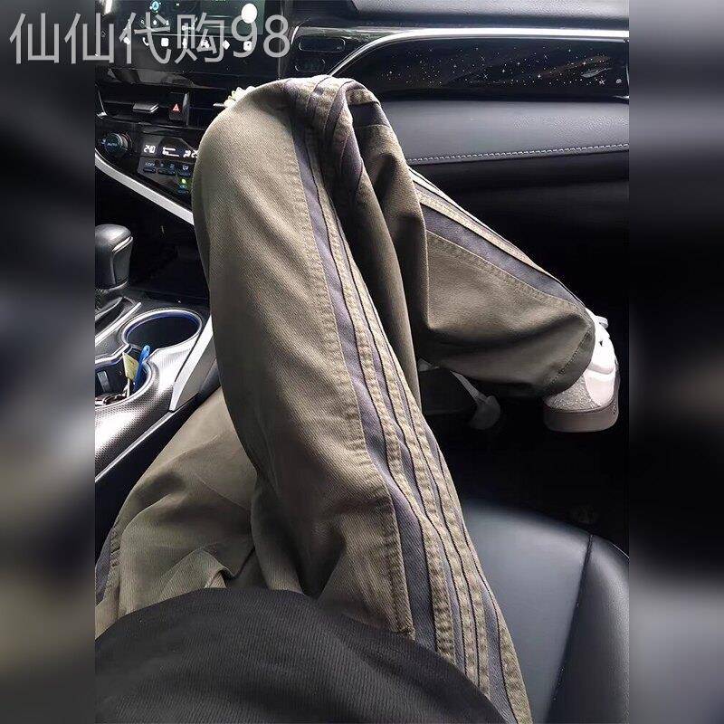 高端军绿色美式条纹直筒裤男夏薄款三条杠工装裤潮牌运动休闲长裤