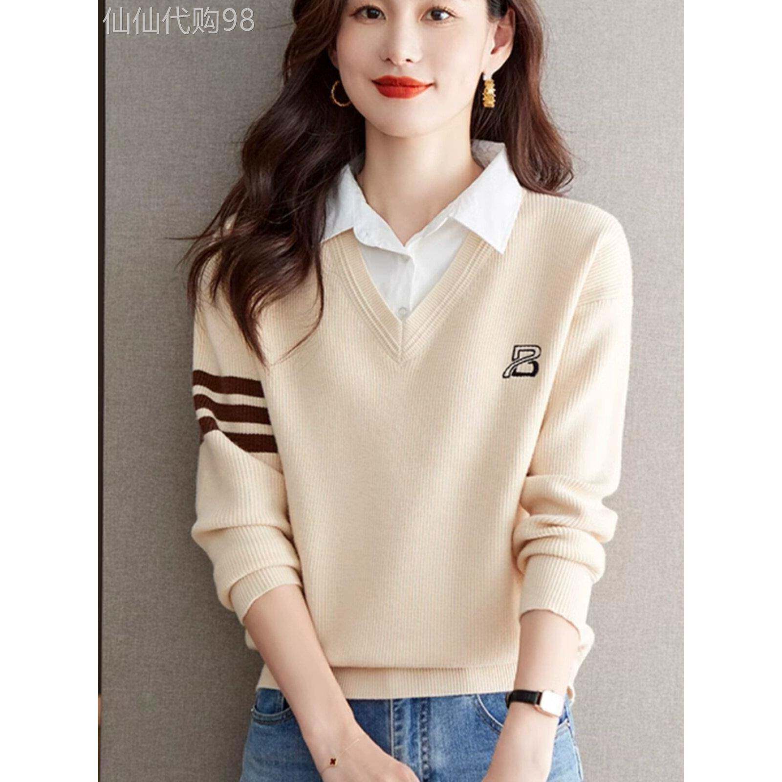 假两件上衣女春秋2025新款时尚洋气长袖毛衣拼接衬衣领针织打底衫