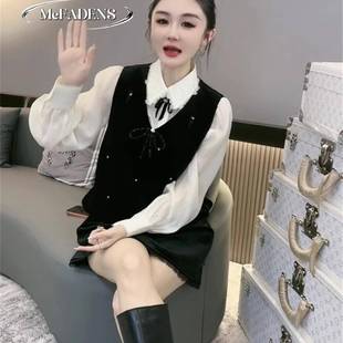 香港冬季新款法式轻奢小香风重工钉珠丝绒马甲裙衬衫名媛两件套裙