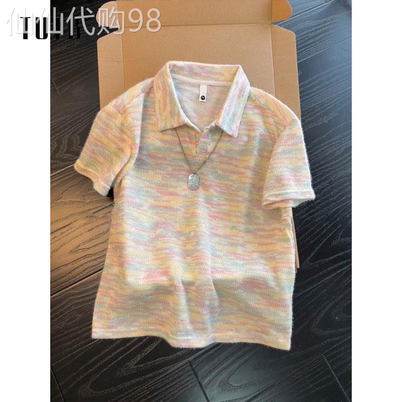 扎染polo衫短袖男款夏季海鸥领七彩上衣服美式复古情侣五分袖T恤