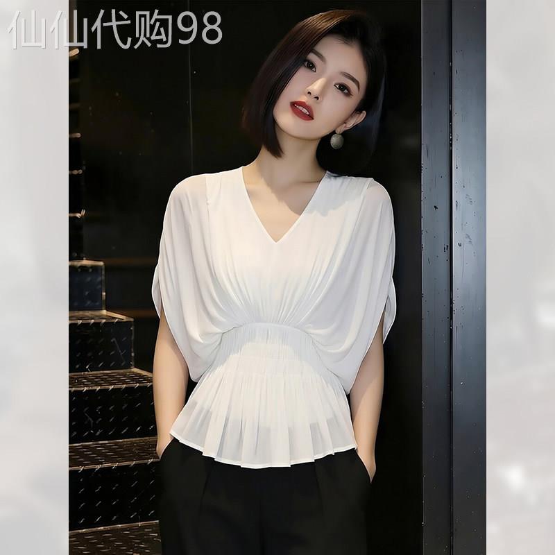 漂亮蝙蝠袖收腰V领短袖衬衫女装夏季2026年新款衬衣通勤上衣洋气