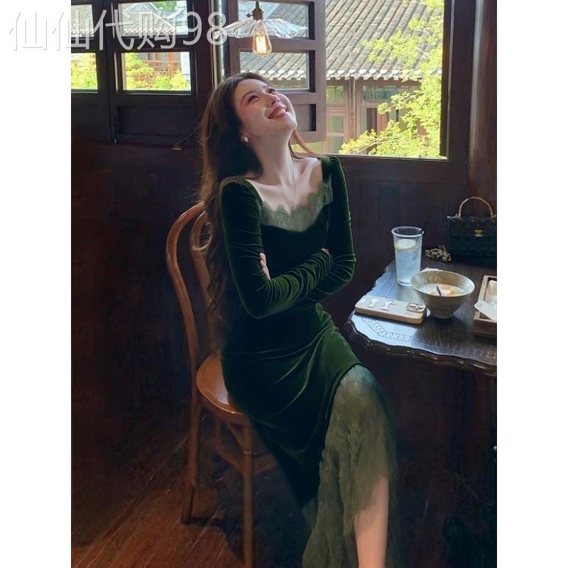 早春富家千金特别漂亮掐腰裙子女茶歇复古绿色蕾丝拼接丝绒洋装