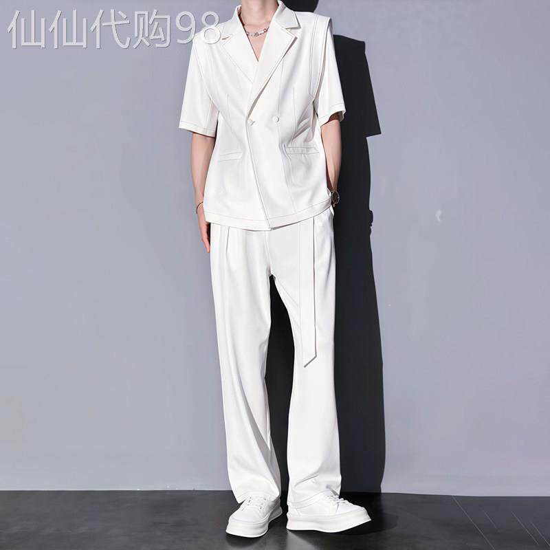 高端休闲风垂感短袖西服套装男士2026夏季薄款中袖休闲西装两件套