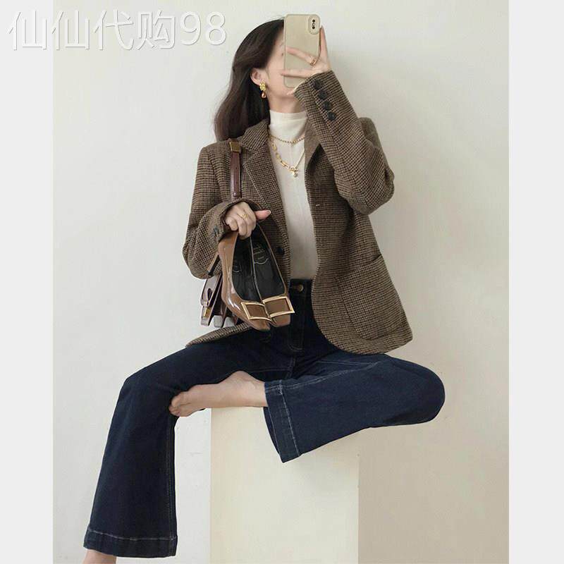 2026新款设计感小众小西服休闲小个子短款复古格子西装外套女春秋