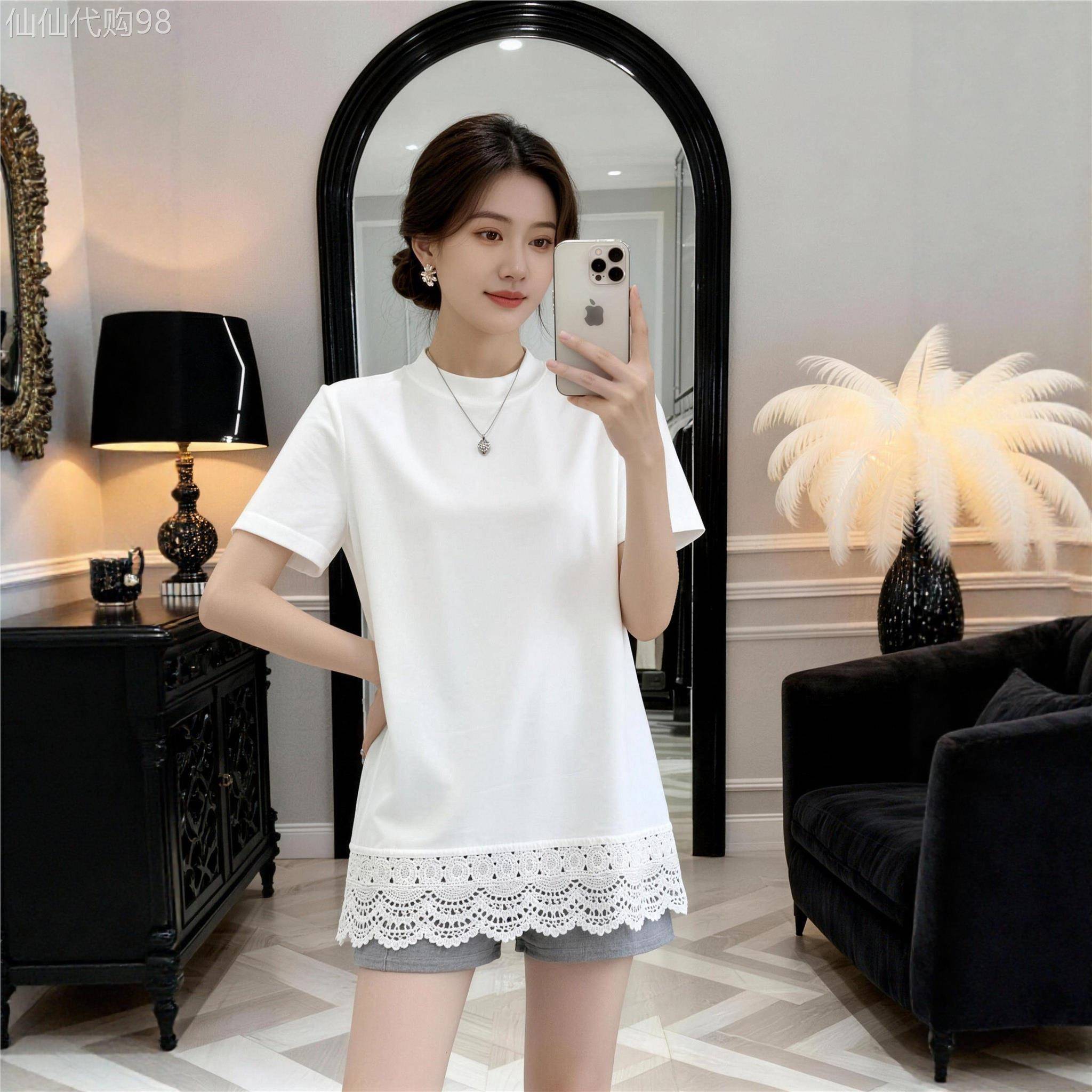 白色蕾丝拼接短袖T恤女士夏装2026新款宽松显瘦遮屁股纯棉上衣女