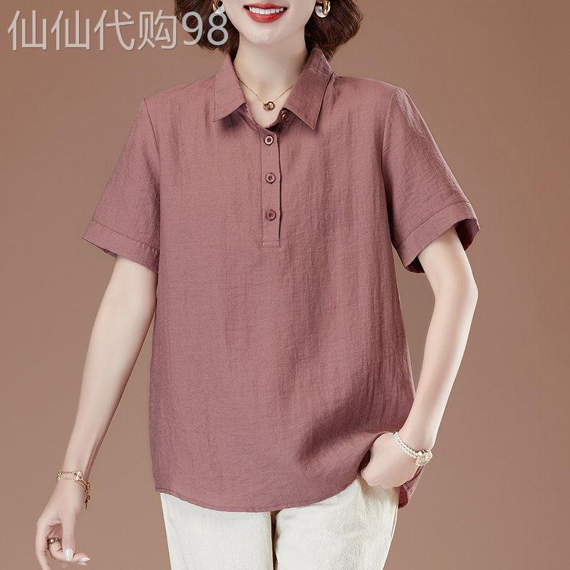 中年妈妈高端亚麻短袖衬衫女士夏季薄款宽松大码减龄洋气棉麻衬衣