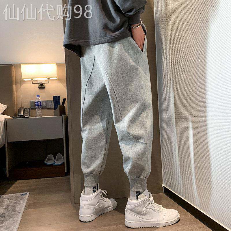 灰色运动裤子男秋冬季新款加绒纯棉宽松抽绳束脚卫裤潮牌休闲长裤