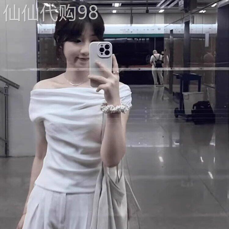 韩系气质不规则一字领白色短袖T恤女夏季薄款修身短款露肩上衣