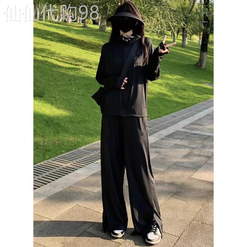 黑色冰丝防晒衣休闲运动服套装女夏季大尺码胖mm宽松轻薄时尚两件