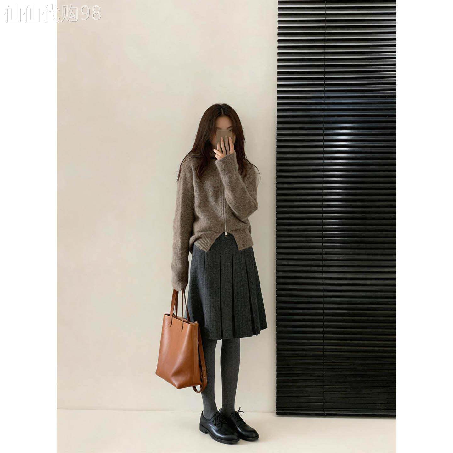 灰色毛呢半身裙女秋冬欧货学院风高腰显瘦百褶裙通勤百搭A字中裙