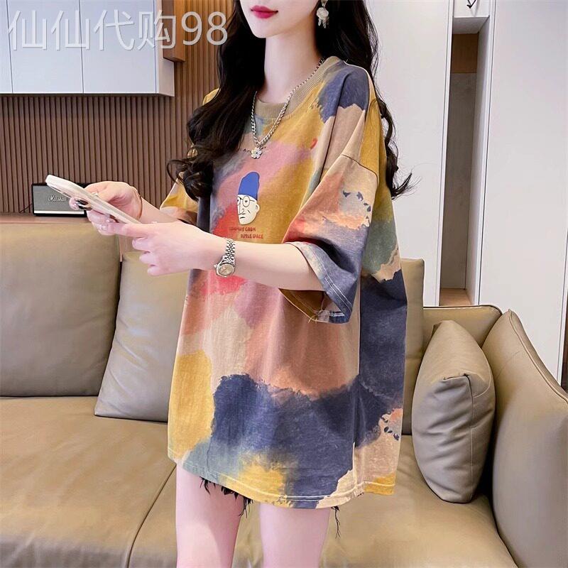 纯棉短袖t恤女宽松韩版夏季2025新款中长款时尚扎染休闲百搭上衣