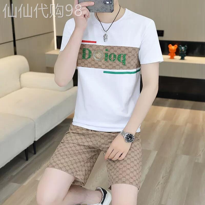 高端品牌男士夏季套装休闲运动欧洲站纯棉印花短袖短裤两件套潮男