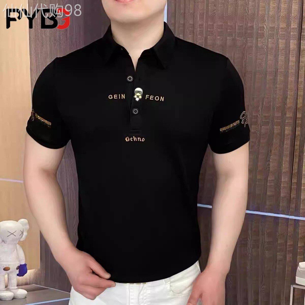 欧货翻领短袖T恤男士夏季2026新款重工刺绣烫钻痞帅POLO衫男款潮图片