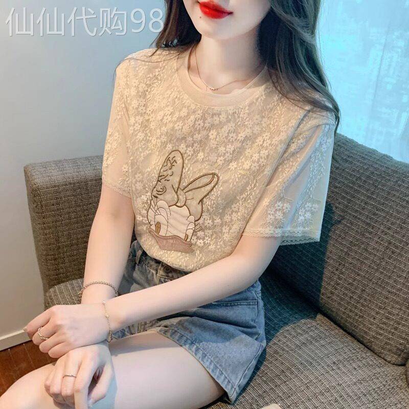 印花蕾丝雪纺衫女夏季2026新款韩版别致时尚洋派短袖打底小衫上衣