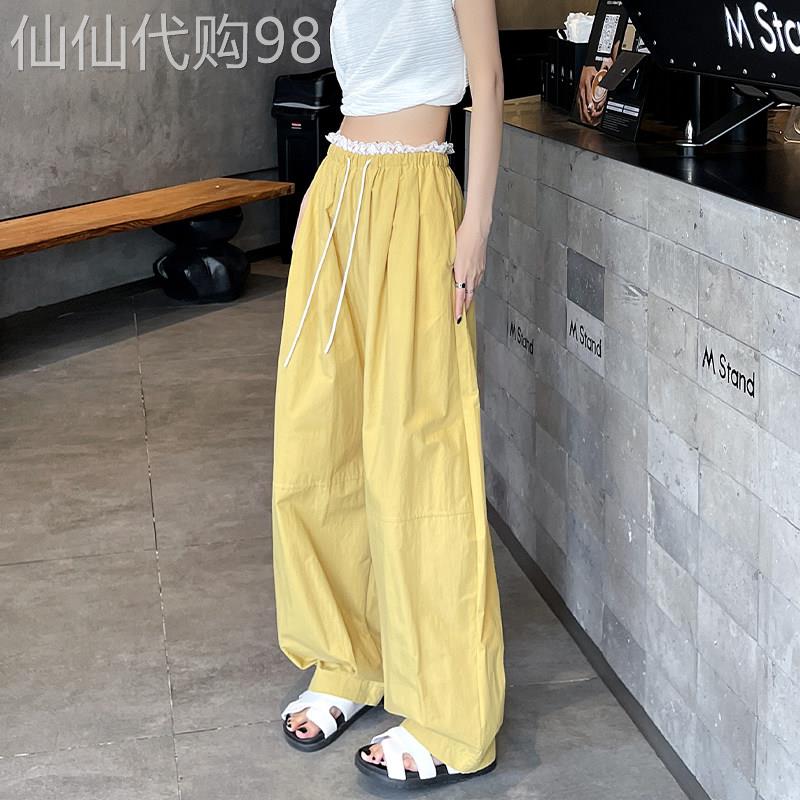 速干工装裤女款2026新款夏季美式弯刀裤黄色蕾丝防晒裤冰丝阔腿裤