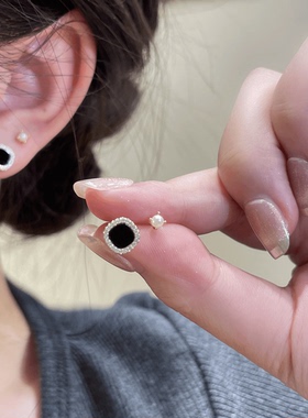 沁汝925银针耳饰 X203方形黑色简约耳钉四件套百搭雅丹风小众个性