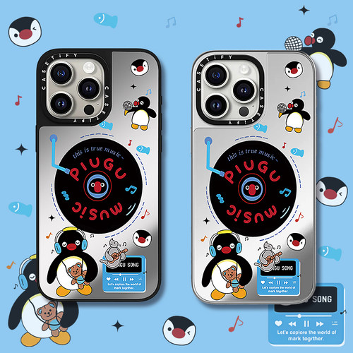 卡通唱片pingu企鹅适用苹果17promax手机壳iphone16新款15磁吸CASE镜面TIFY网红16pro防摔14pro保护套13女款
