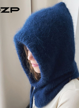 超软韩版巴拉克拉法帽秋冬保暖围脖护颈一体毛线女冬针织套头帽子