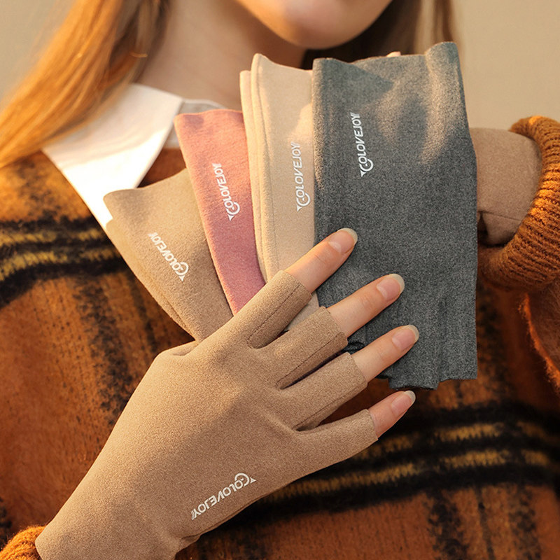 高品质半指秋冬手套女保暖手套露指触屏加绒敲键盘学生写字~显瘦