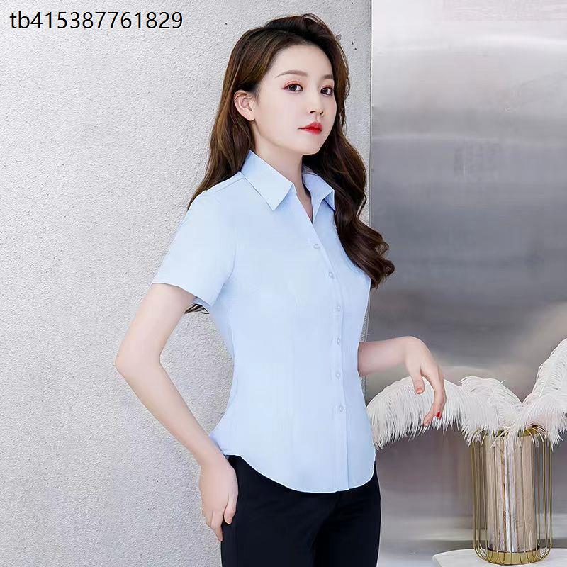 正装白衬衫女士长袖短袖夏季V领职业上衣酒店前台气质百搭工作服