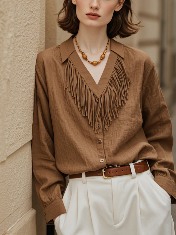 美拉德棕色V领流苏衬衫女宽松慵懒风法式覆古冷淡系高级感上衣秋