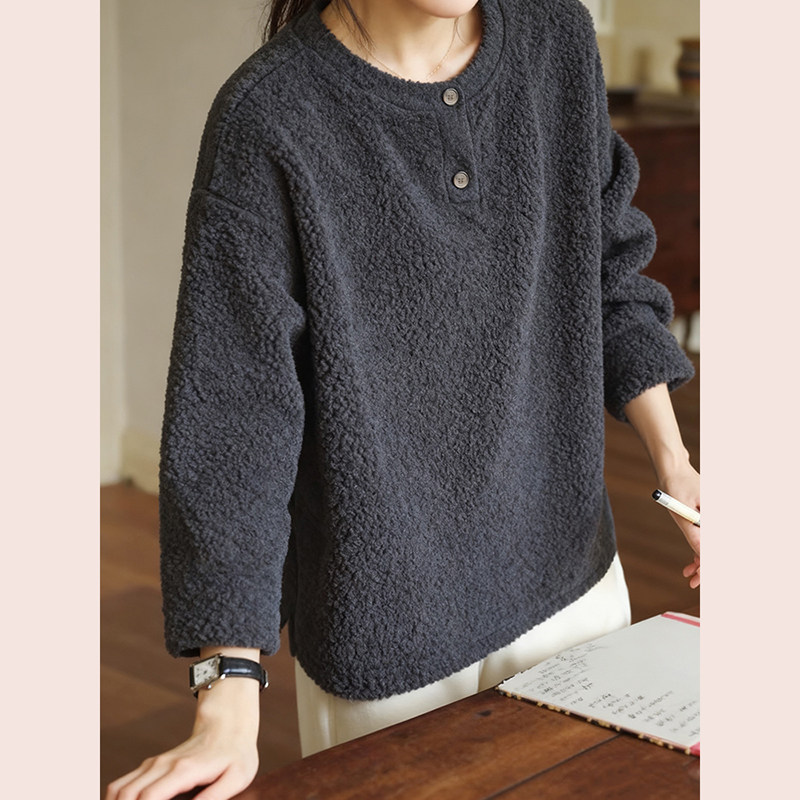 深灰色羊羔毛圆领纽扣加厚卫衣2025新款慵懒风复古打底内搭上衣冬,女装/女士精品,大码内搭,淘宝优惠券,粉丝福利购,淘宝优惠卷