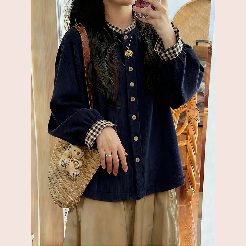 日系复古藏蓝色灯芯绒单排扣衬衫2025新款设计感小众内搭上衣冬季,女装/女士精品,衬衫,淘宝优惠券,粉丝福利购,淘宝优惠卷