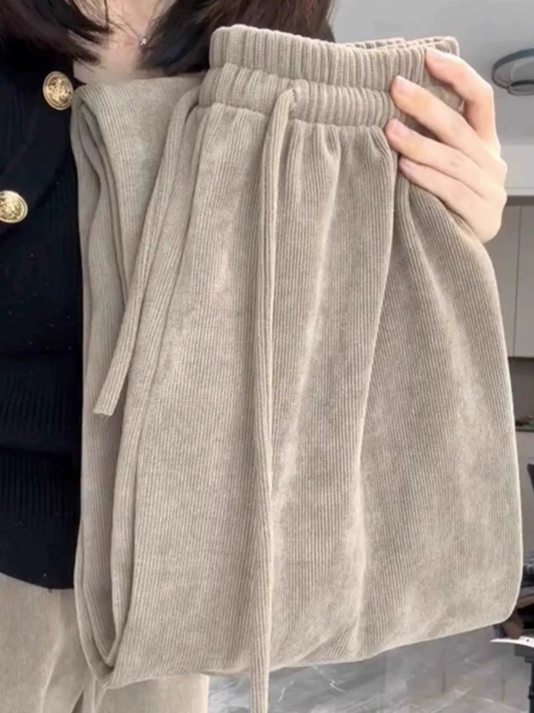 2025欧货爆款梨形身材小个子加绒直筒裤奶茶色松紧腰休闲长裤冬季