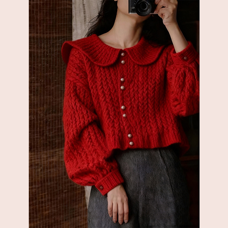 新年本命年红色娃娃领粗线珍珠扣毛衣设计感小众气质针织衫2025冬