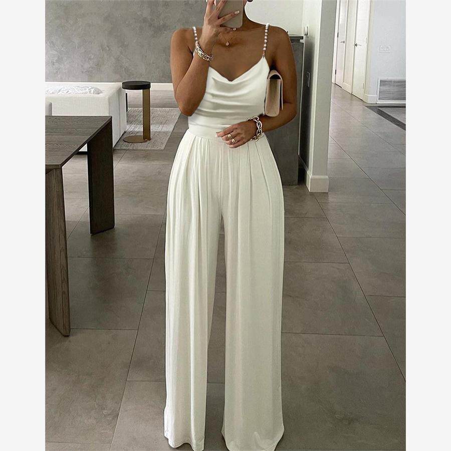 Cowl Neck Spaghetti Strap Beaded Wide Leg Jumpsuit荡领连体裤