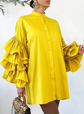 黄色花边衬衫裙 Layered Ruffle Hem Button Front Shirt Dress
