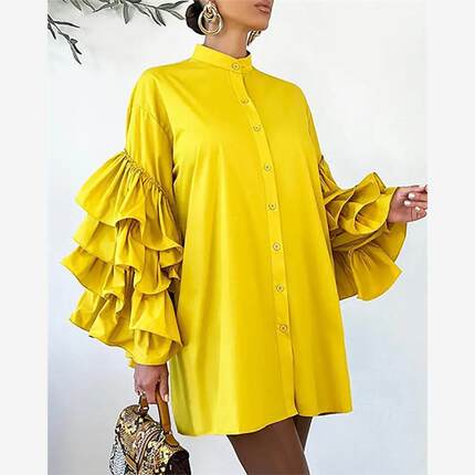 黄色花边衬衫裙 Layered Ruffle Hem Button Front Shirt Dress