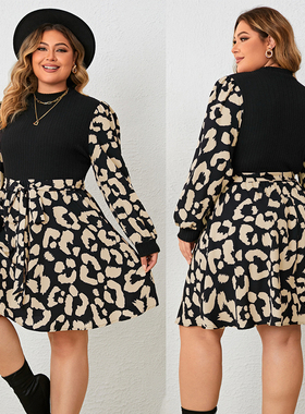 Female Plus Size Round Neck Color Block Short Skirt Dress