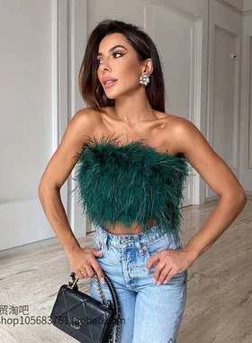 性感拉链毛茸茸抹胸背心 Sexy Slim Zip Furry Bandeau Tank Top