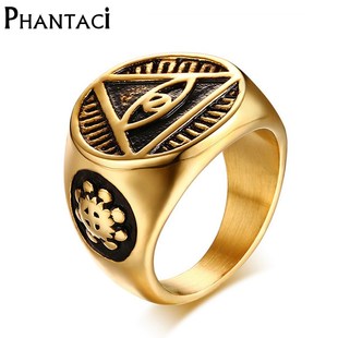 Phantaci Vintage Style Black Man Ring Illuminati Pyramid Ey