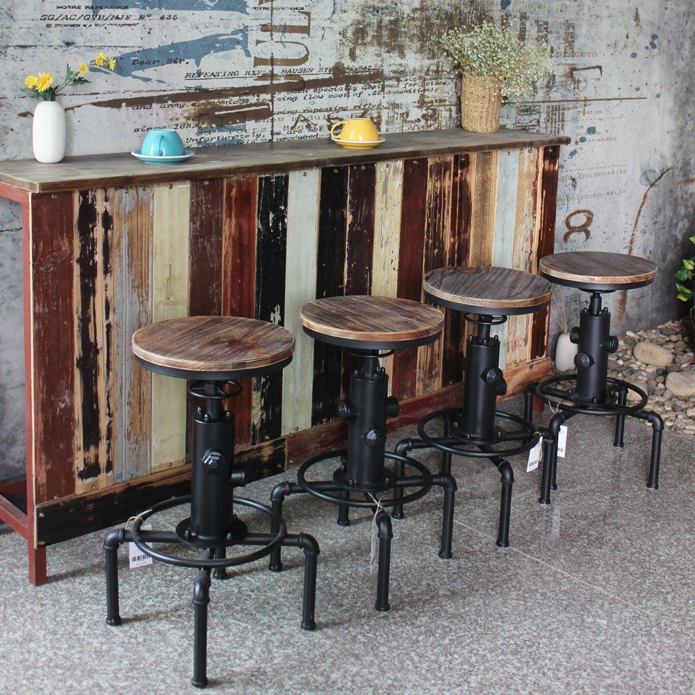 Industrial Bar Stool Height Adjustable Swivel Pinewood Top B