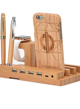 Multi USB Charging Station Dock Bamboo Wood 4  USB Mob