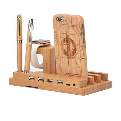 Multi USB Charging Station Dock Bamboo Wood 4  USB Mob