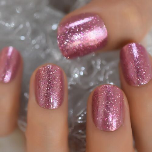 Gorgeous Shimmer Rose Gold Fake Nails Short Round UV False