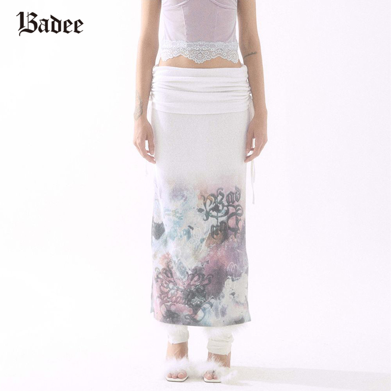 Badee 美式复古印花半身裙女夏季新款高腰显瘦A字裙