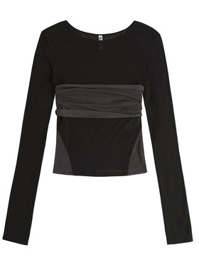 OJOS 拼色分层天丝长袖圆领T恤女修身显瘦内搭上衣